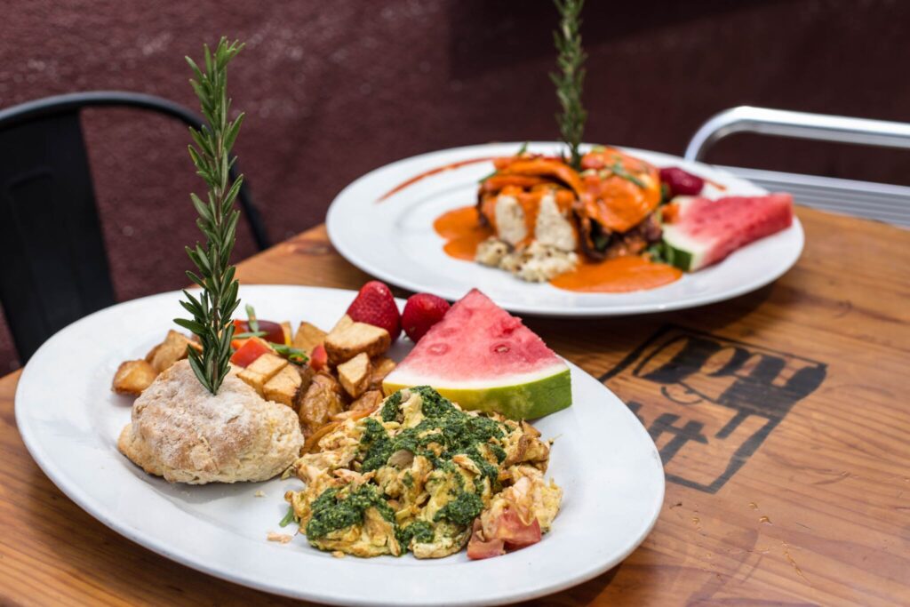 Best Brunch in Downtown Las Vegas – Hash House A Go Go at The Plaza 1 Farmhouse Brunch and roasted vegetable stack at Hash House A Go Go Plaza in Downtown Las Vegas