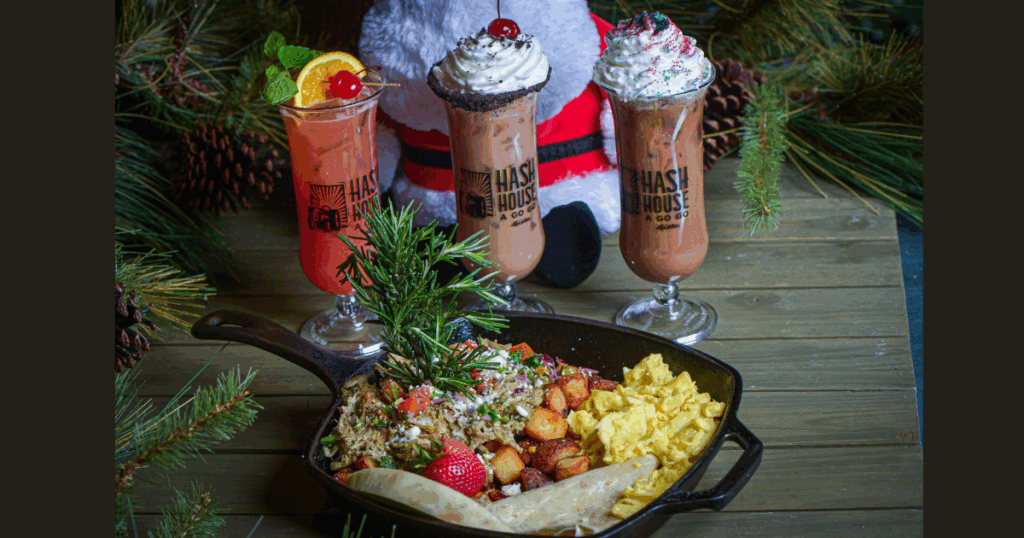 Christmas 2025 holiday menu dishes and festive cocktails at Hash House A Go Go The Plaza in Downtown Las Vegas near Fremont Street