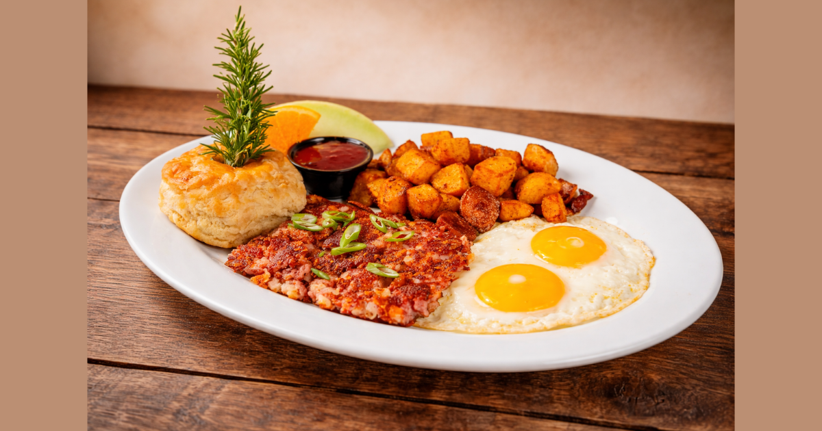 Old school corned beef hash breakfast spring seasonal menu item at Hash House A Go Go Plaza Downtown Las Vegas