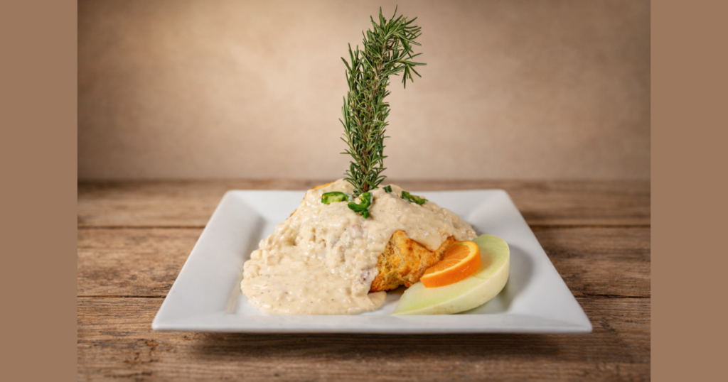 Jalapeno cheddar scones with gravy spring seasonal menu item at Hash House A Go Go Plaza Downtown Las Vegas spring menu