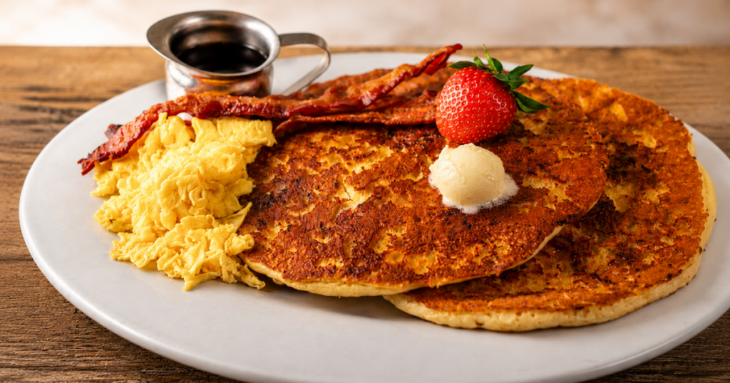 Celebrate Father’s Day at Hash House A Go Go at The Plaza with Dad’s Day Stacks & Twisted Sips 1 Brown Sugar Sausage Flapjack Stack with eggs and bacon at Hash House A Go Go at the Plaza Las Vegas