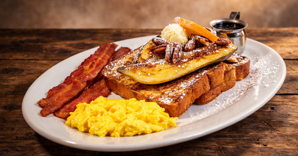 French toast with caramelized banana, pecans, scrambled eggs and crispy bacon at Hash House A Go Go at the Plaza Las Vegas