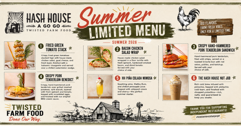 Hash House A Go Go Summer 2026 Limited Menu featuring seasonal breakfast, brunch and drinks at the Plaza in Downtown Las Vegas