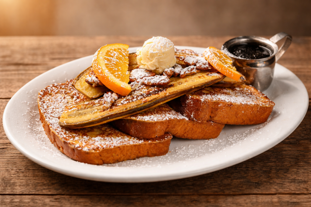 Helldorado Days 2026: Where to Eat Before the Rodeo in Downtown Las Vegas 1 Going to Helldorado Days in 2026? Hash House A Go Go Griddled French Toast topped with grilled banana, candied pecans, cream, and powdered sugar, served with syrup.